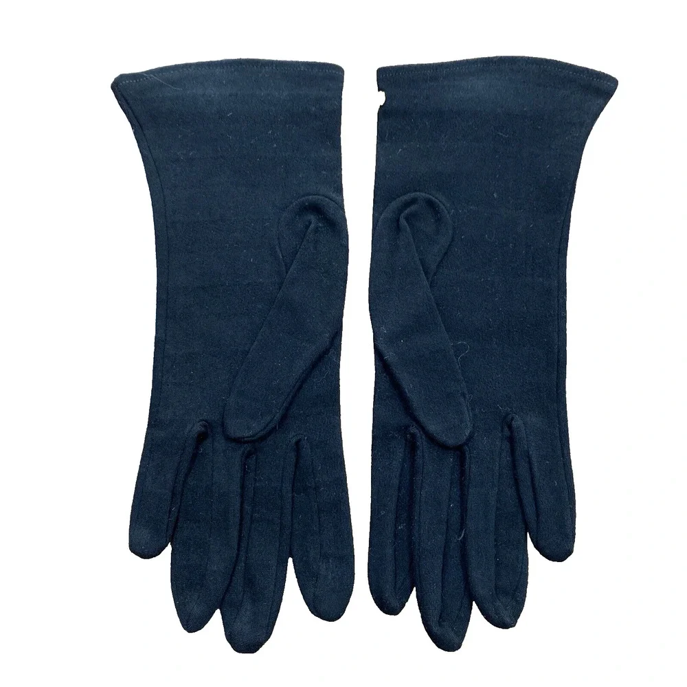 Vintage Black Fabric Driving Gloves Brass Studs Wrist Length Cotton Mid Century